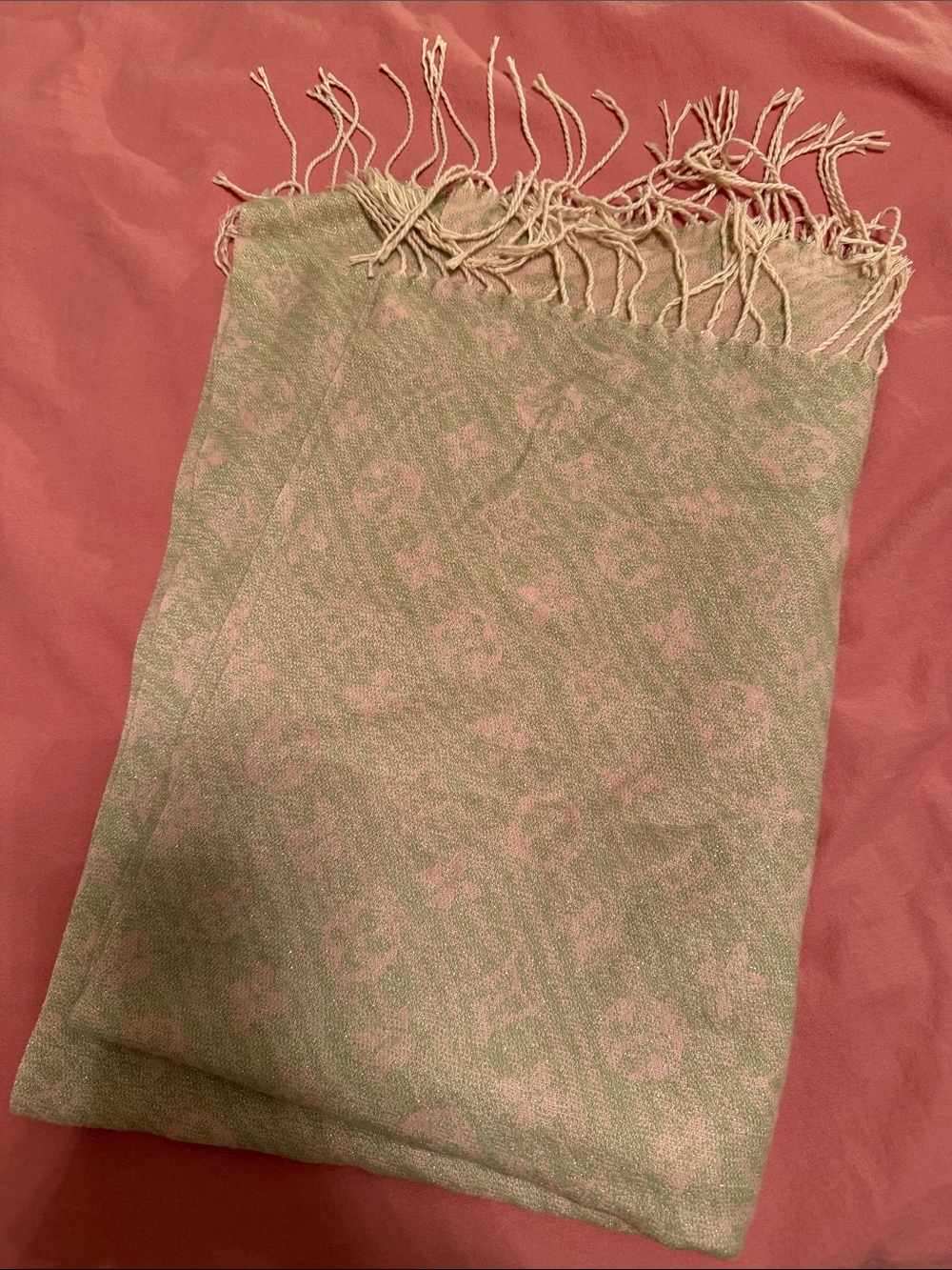 Soft Green and Pink Floral Fringe scarf